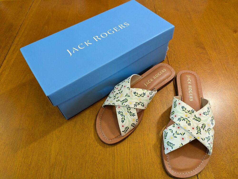 Jack Rogers Slotted Daisy Sloane Criss Cross Slide Sandals Size 7.5 White Floral